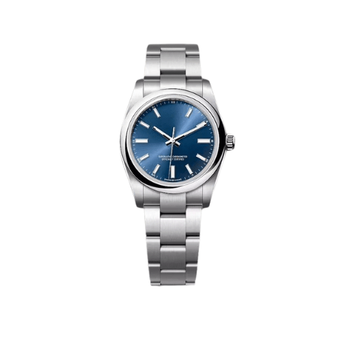 Montre automatique ModTime de style Air Queen — configuration cadran bleu (NH35), bracelet aux tons argentés, index bâtons, vue de face