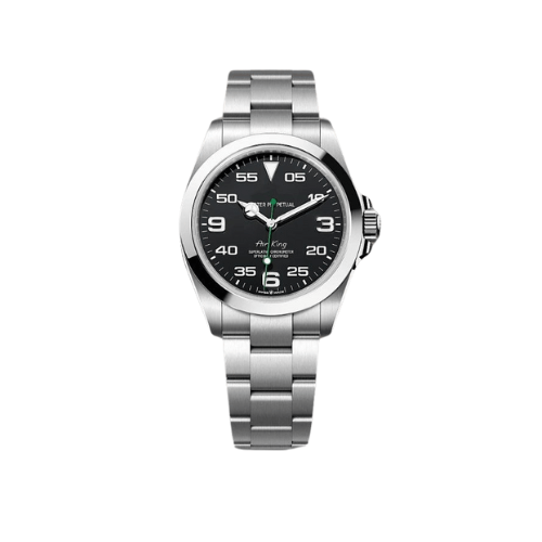 Montre automatique ModTime de style Air Queen — configuration argentée, cadran noir (NH35), aiguille des secondes verte, vue de face