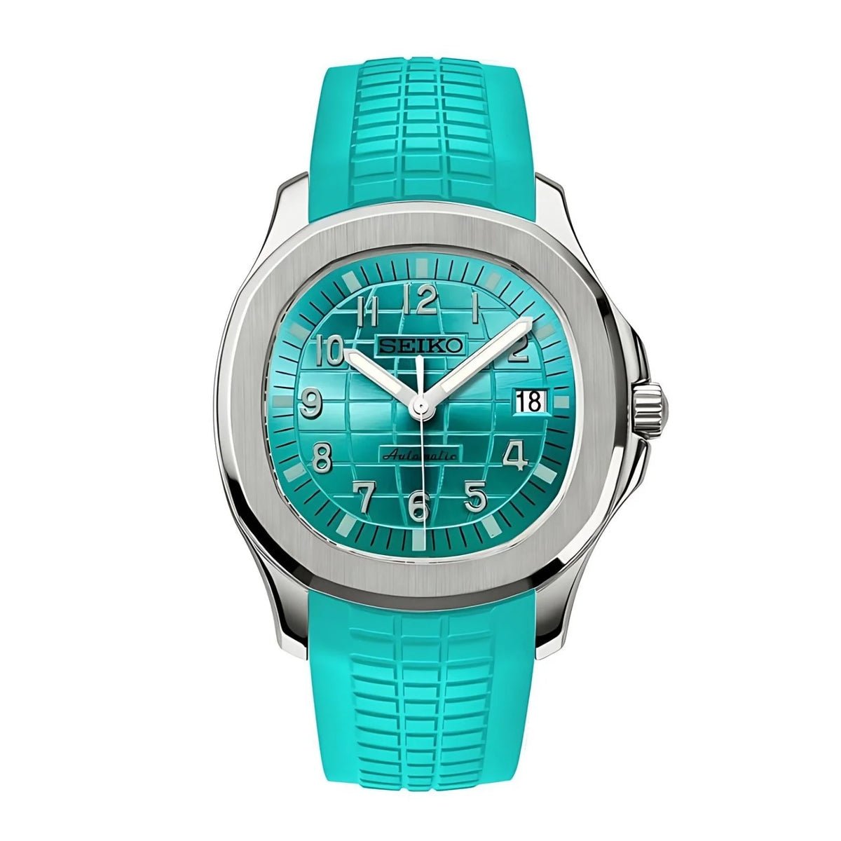 Montre automatique ModTime de style Aquanaut — configuration turquoise (NH35), bracelet turquoise, cadran à motif quadrillé, vue de face sur fond blanc