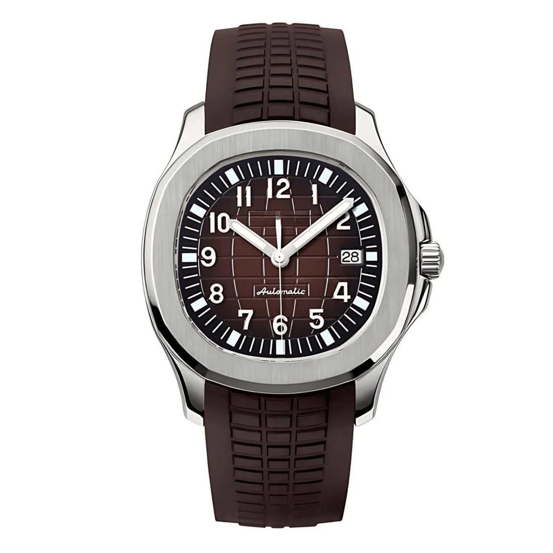 Montre automatique de style Aquanaut — configuration cadran marron (NH35) avec bracelet marron et motif quadrillé, vue de face