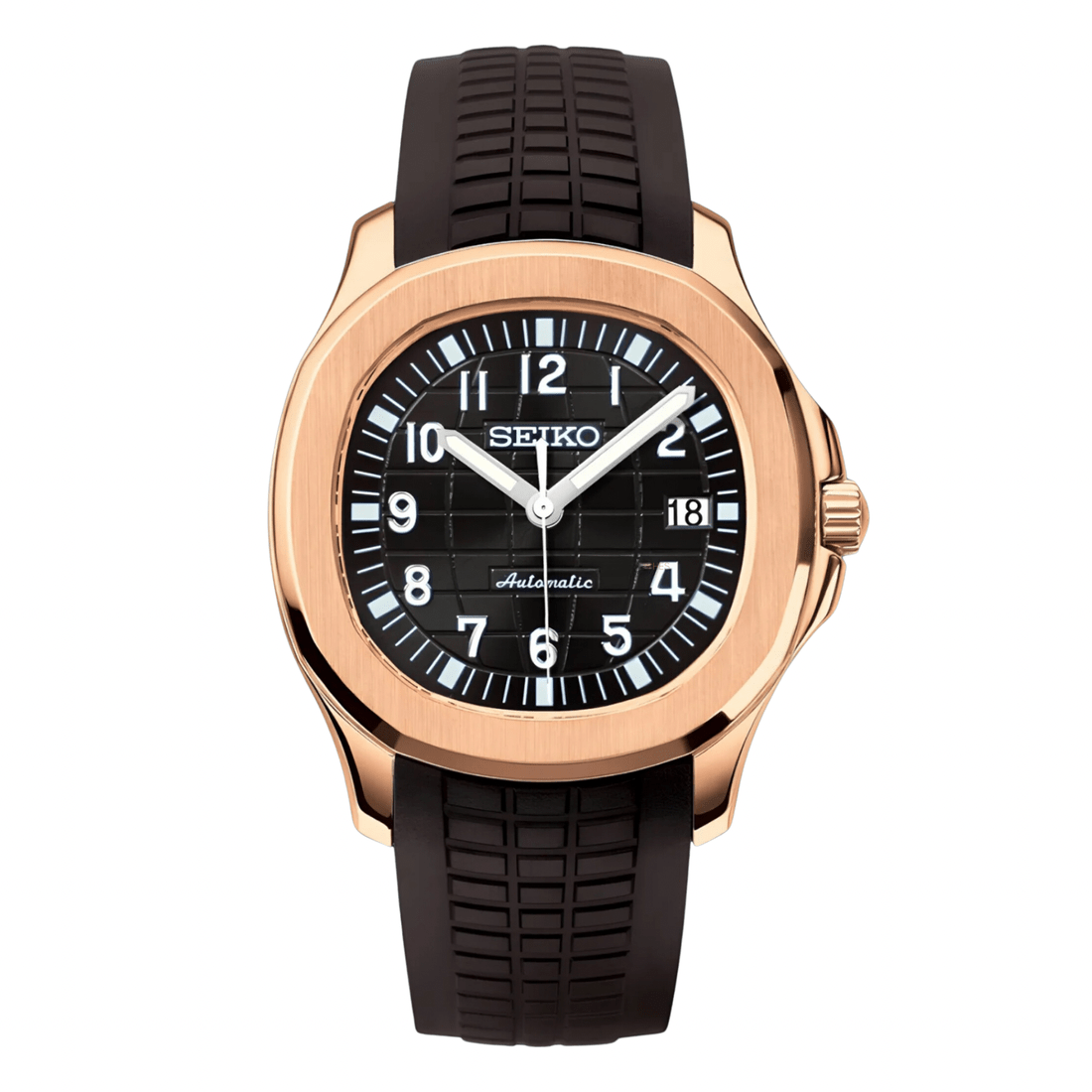 Montre automatique ModTime de style Aquanaut — configuration aux tons or rose (NH35), cadran noir, lunette aux tons or rose, vue de face