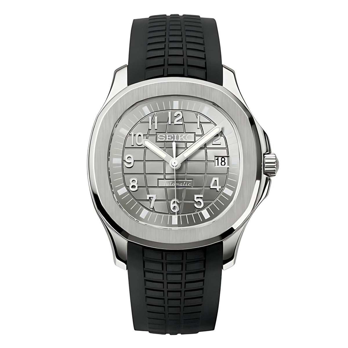 Montre automatique ModTime de style Aquanaut — configuration «Silver Back» (NH35), cadran aux tons argentés, motif quadrillé, vue de face sur fond blanc