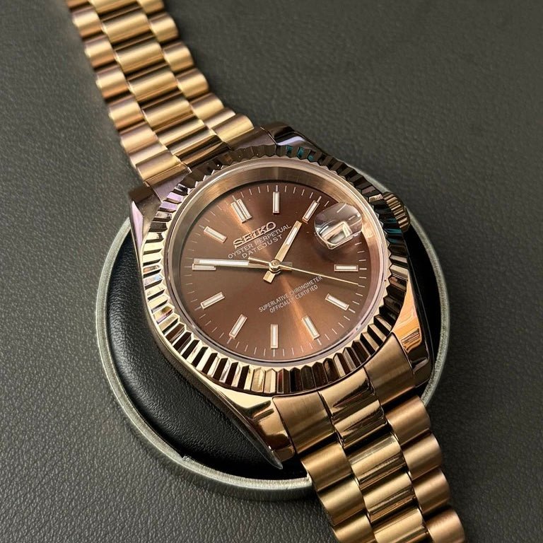 Datejust Mod Rose Gold Chocolate Brown Dial President Seiko mod style watch with NH35 automatic movement by ModTime - wrist or lifestyle view