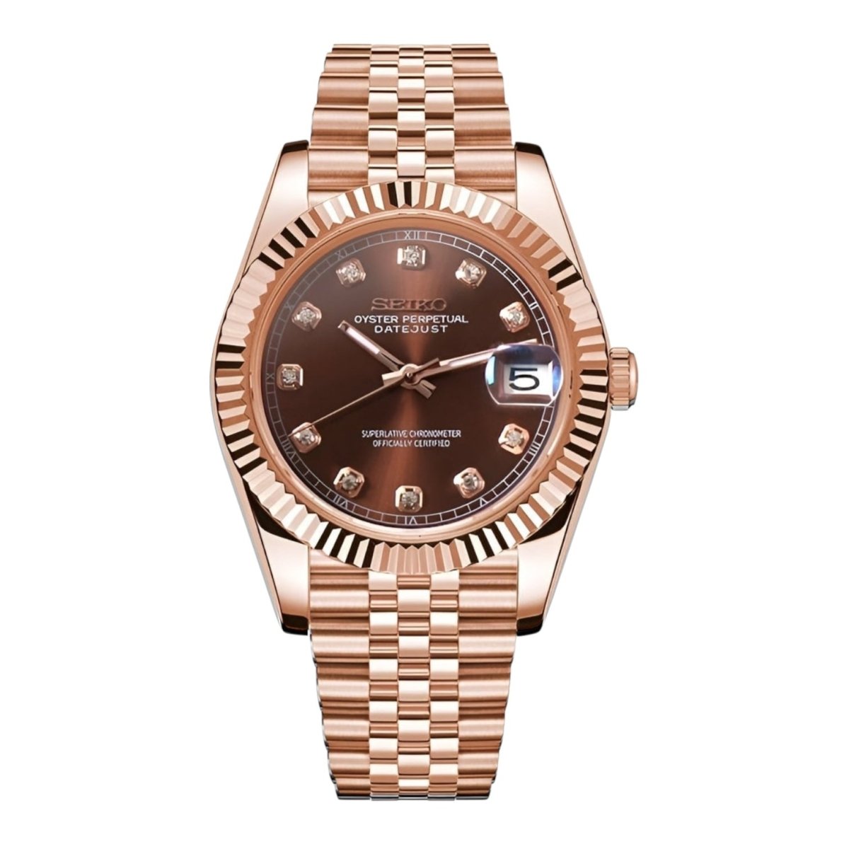 Montre automatique de style Datejust — configuration aux tons or rose et marron chocolat (NH35), cadran marron, index sertis de pierres, vue de face