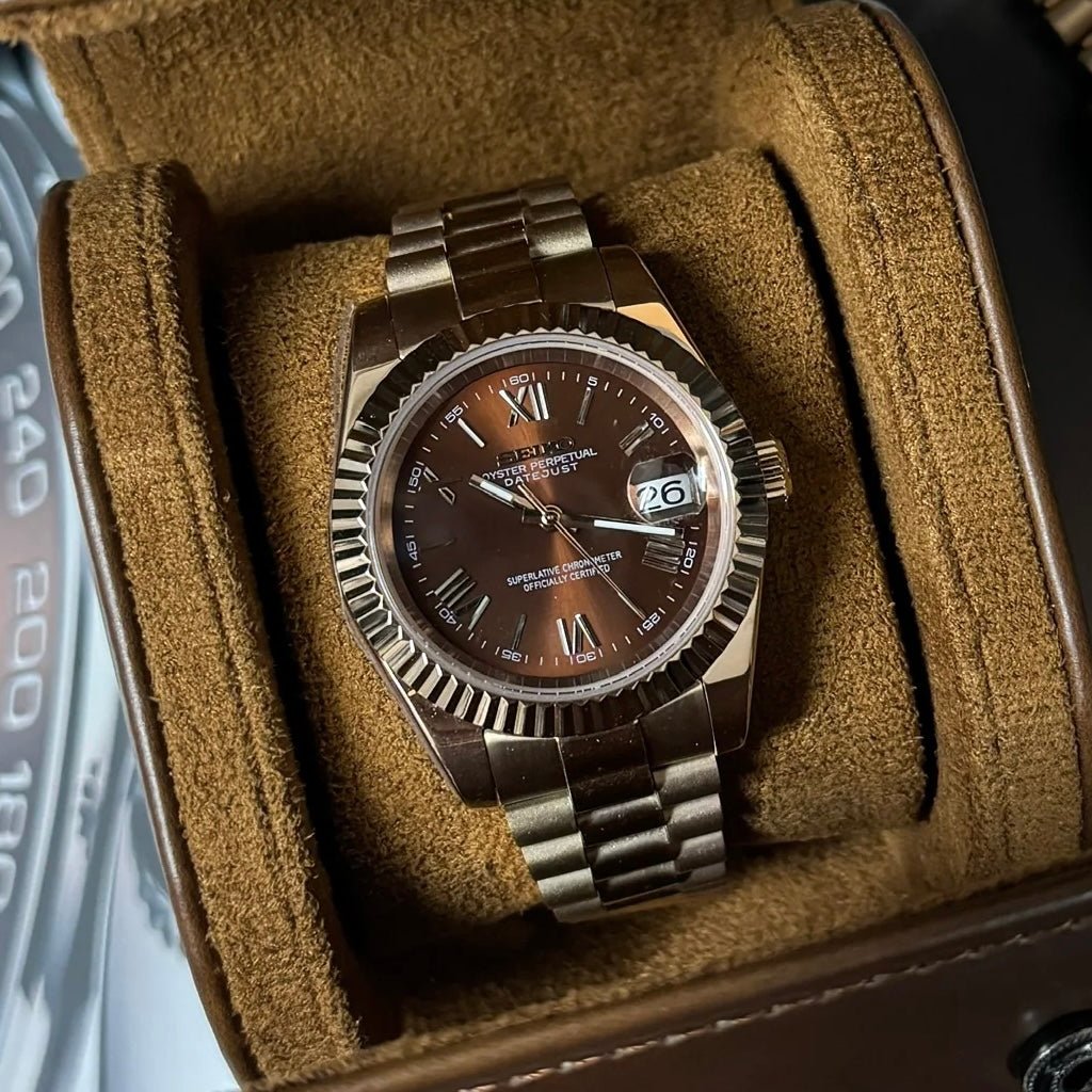 Datejust Mod Rose Gold Roman Chocolate Brown Dial Seiko mod style watch with NH35 automatic movement by ModTime - wrist or lifestyle view