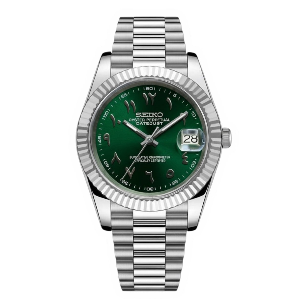 Montre automatique ModTime de style Datejust — configuration verte, à chiffres arabes (NH35), cadran vert, chiffres arabes orientaux, vue de face