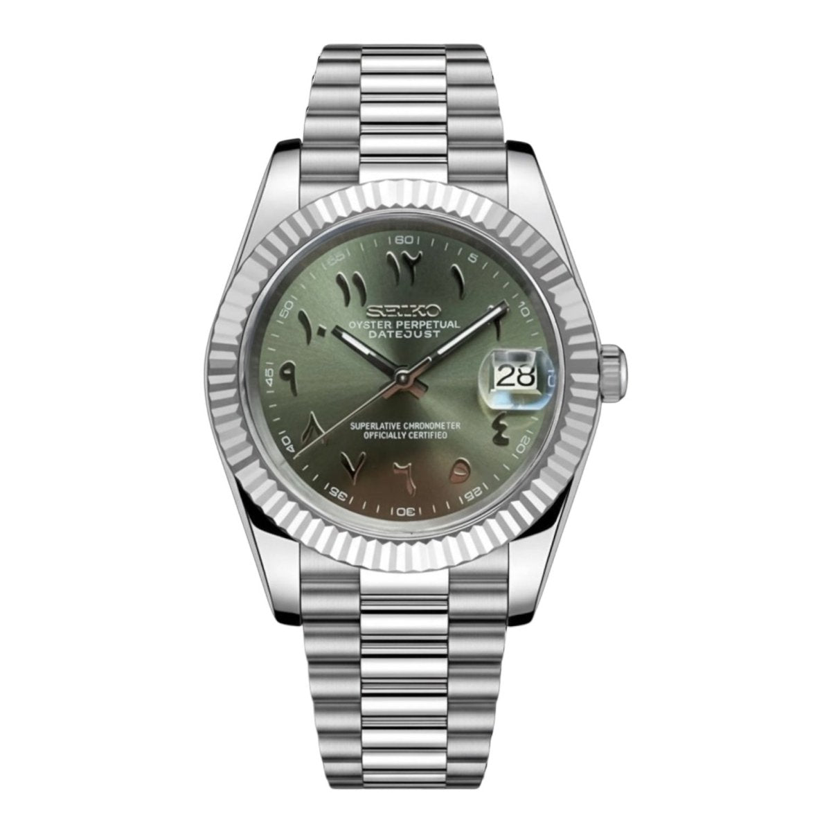 Montre automatique de style Datejust — configuration cadran vert olive à chiffres arabes (NH35) avec boîtier aux tons argentés et loupe de date, vue de face