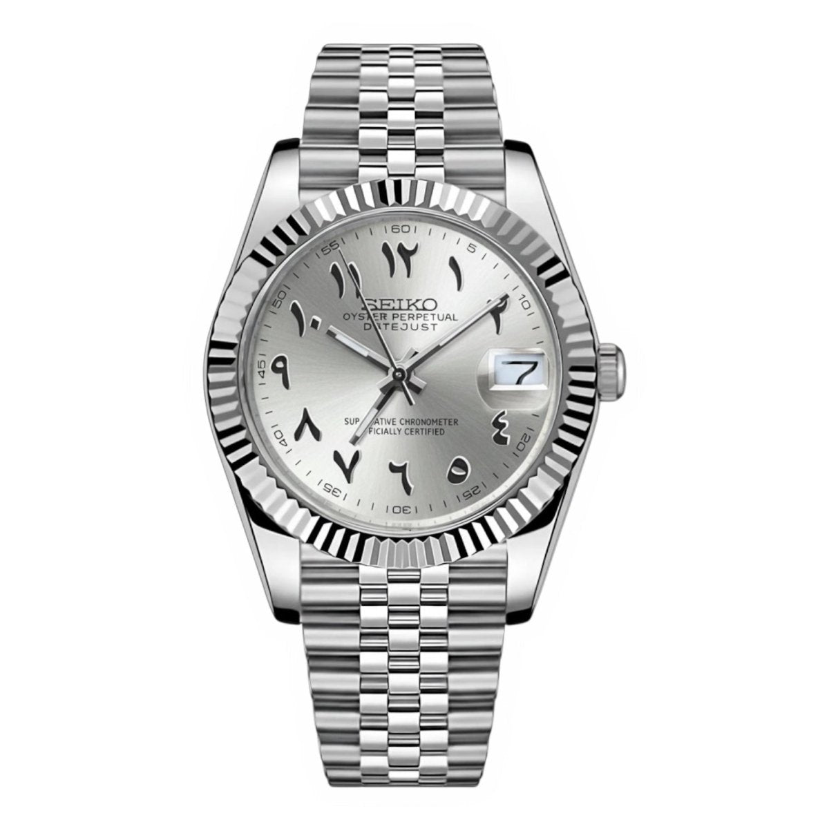 Montre automatique de style Datejust — configuration cadran argenté à chiffres arabes (NH35) avec lunette aux tons argentés et loupe de date, vue de face