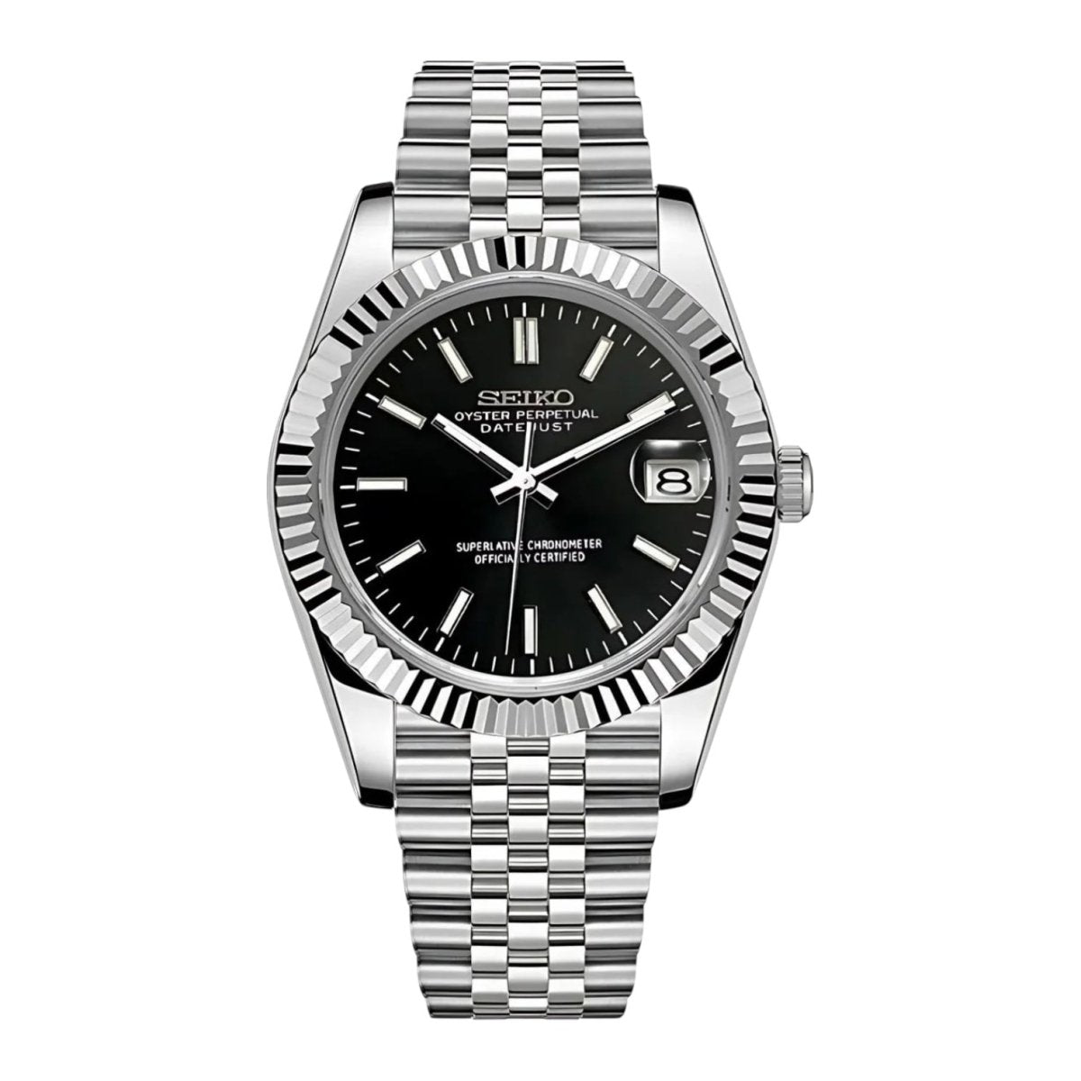 Montre automatique ModTime de style Datejust — configuration argentée et noire (NH35), cadran noir, lunette cannelée, vue de face