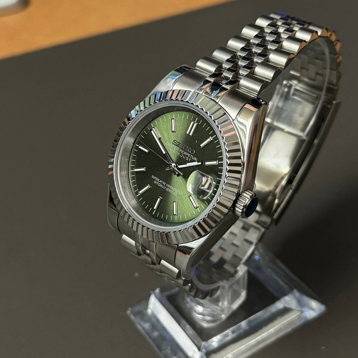 Datejust Mod Silver Olive Green Dial Jubilee silver and green Seiko mod style watch with NH35 automatic movement by ModTime - side profile