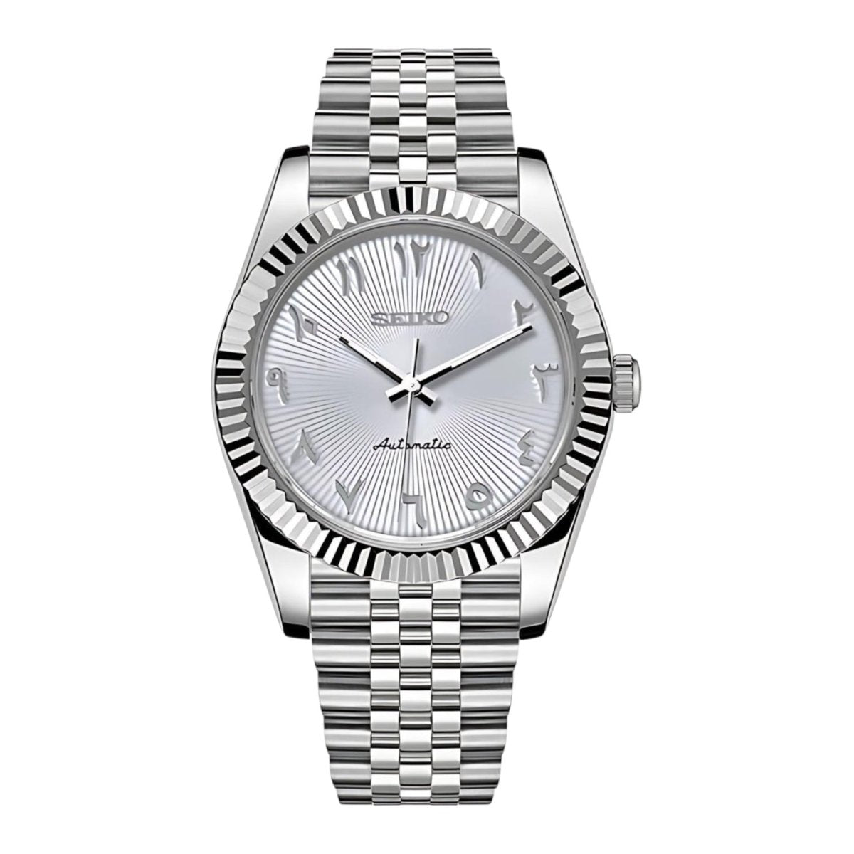 Montre automatique ModTime de style Datejust — configuration blanche, à chiffres arabes (NH35), cadran blanc, rainures radiales, vue de face