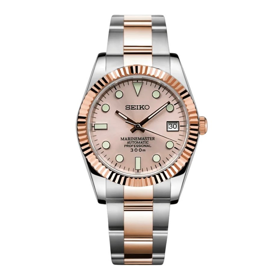 Montre automatique ModTime de style Datejust — configuration «Pink Panther» (NH35), cadran rose, index ronds, vue de face