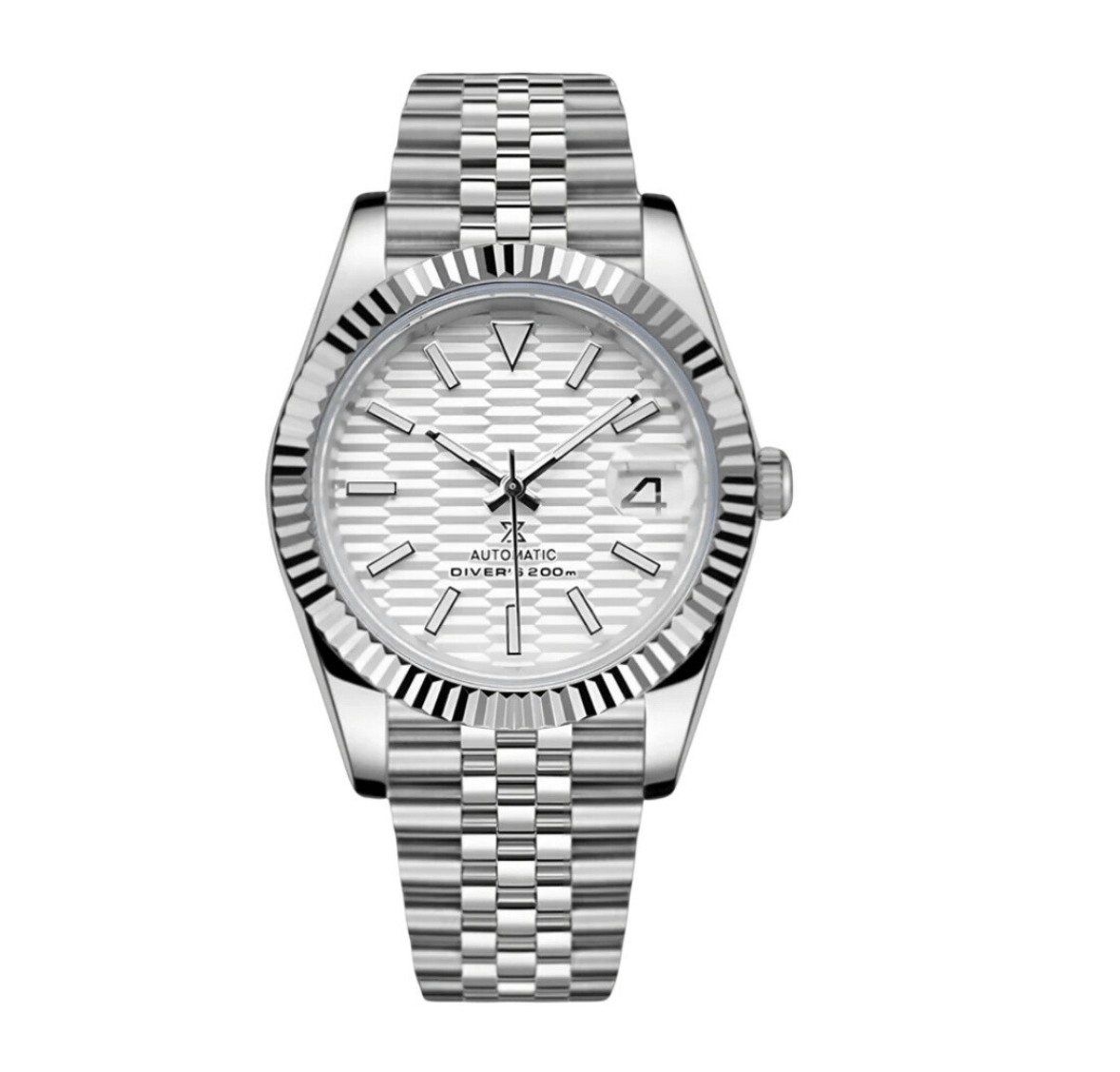 Montre automatique de style Datejust — configuration argentée, cadran blanc (NH35) avec cadran blanc, texture géométrique, vue de face