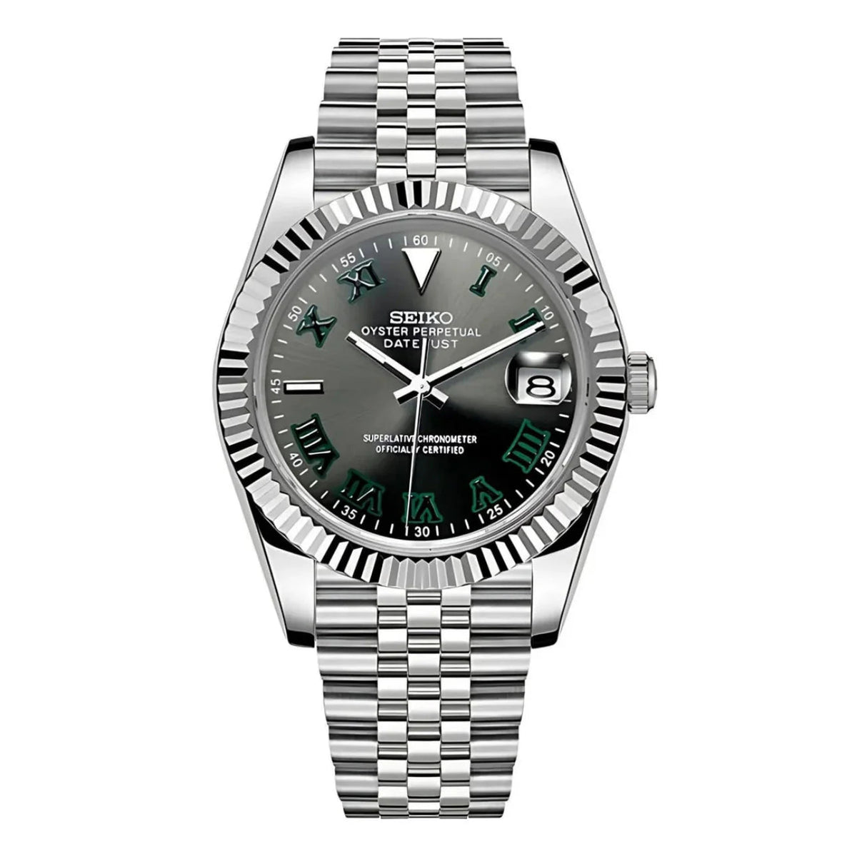 Montre automatique ModTime de style Datejust — configuration «Wimbledon» (NH35), cadran gris, chiffres romains verts, vue de face