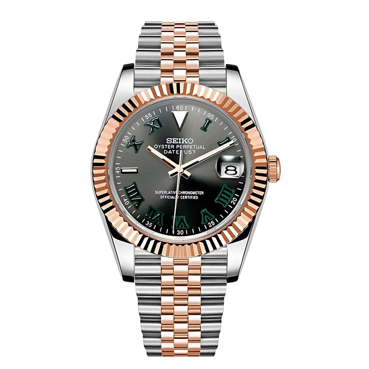 Montre automatique de style Datejust — configuration «Wimbledon», bicolore (NH35) avec cadran gris, chiffres verts, vue de face sur fond blanc