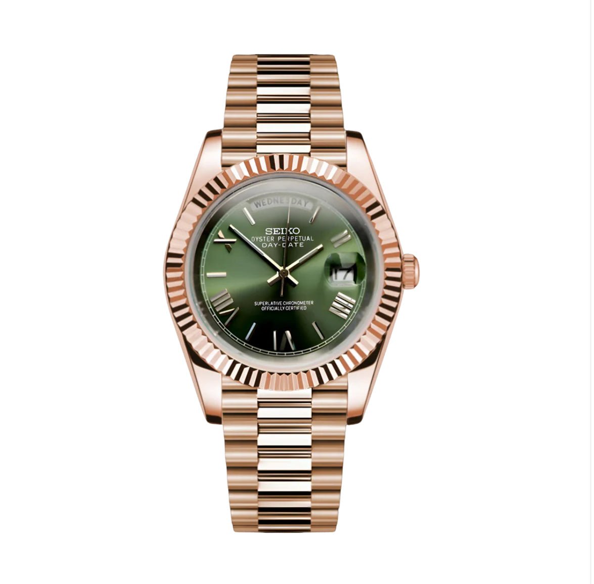 Montre ModTime de style Daydate — configuration aux tons or rose et olive (Miyota 8285), cadran olive, lunette cannelée, vue de face sur fond blanc