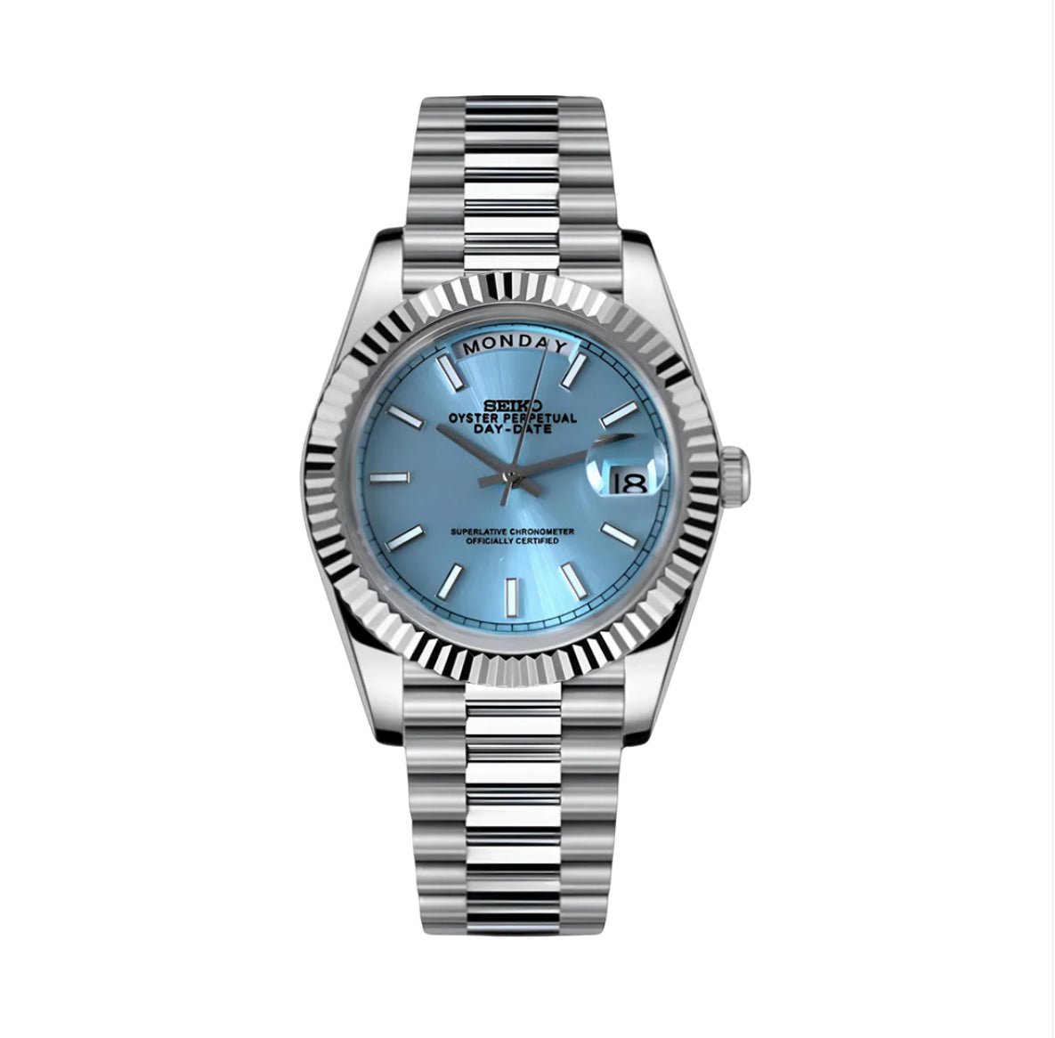 Montre ModTime de style Daydate — configuration «Tiffany» (Miyota 8285), cadran bleu clair, lunette cannelée aux tons argentés, vue de face sur fond blanc