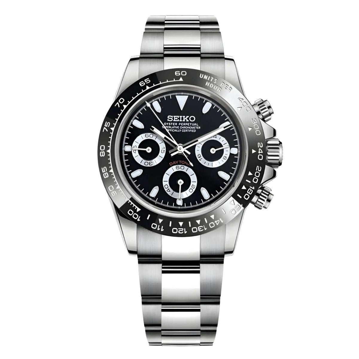 Chronographe méca-quartz ModTime de style Daytona — configuration argentée et noire (VK63), cadran noir, anneaux des sous-cadrans clairs, vue de face