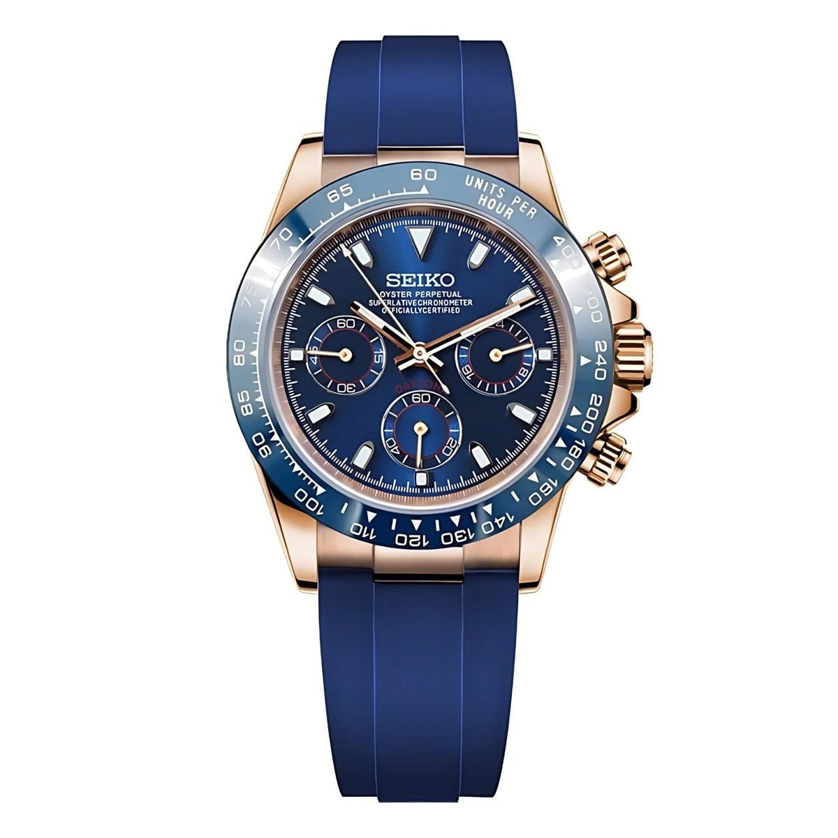 Chronographe méca-quartz de style Daytona — configuration cadran bleu (VK63) avec boîtier aux tons or rose, bracelet bleu, vue de face