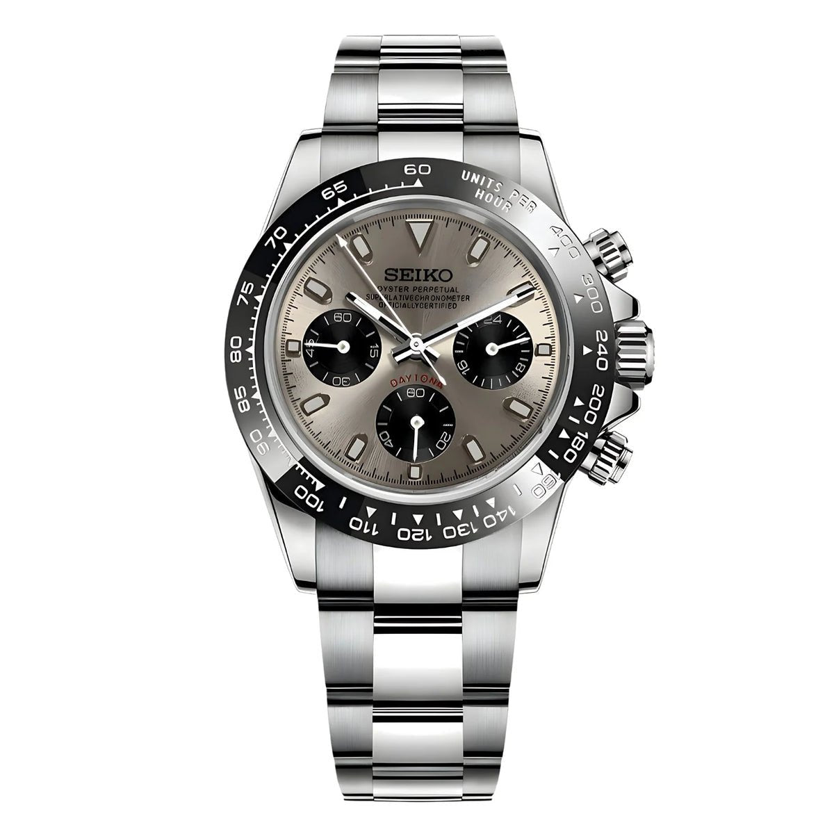 Chronographe méca-quartz ModTime de style Daytona — configuration champagne (VK63), cadran pâle, sous-cadrans noirs, vue de face