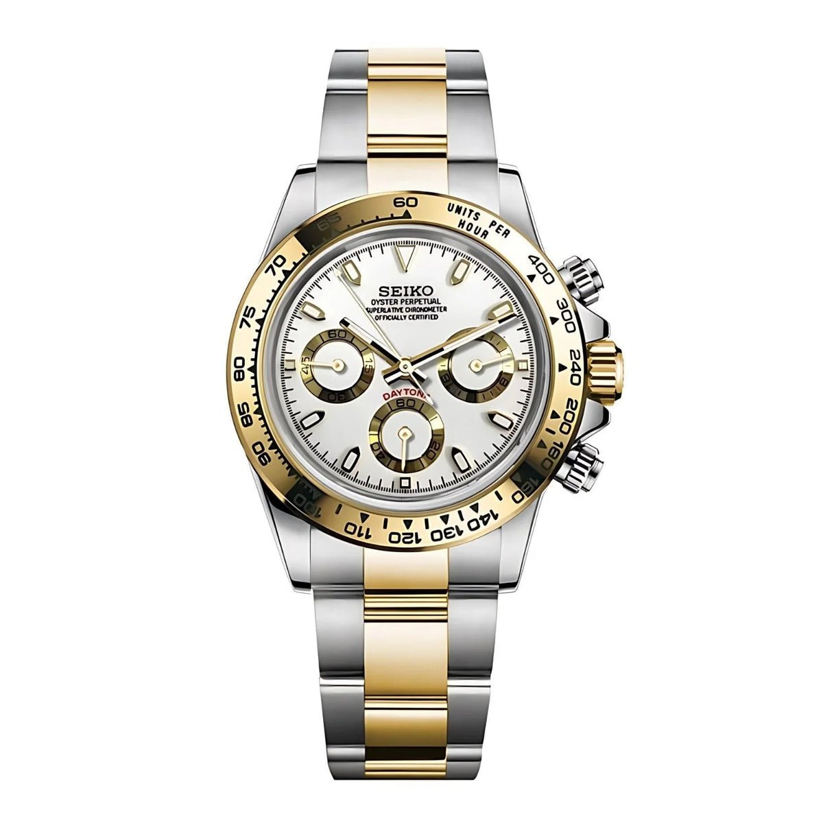 Chronographe méca-quartz de style Daytona — configuration bicolore, cadran blanc (VK63) avec cadran blanc, lunette aux tons dorés, vue de face