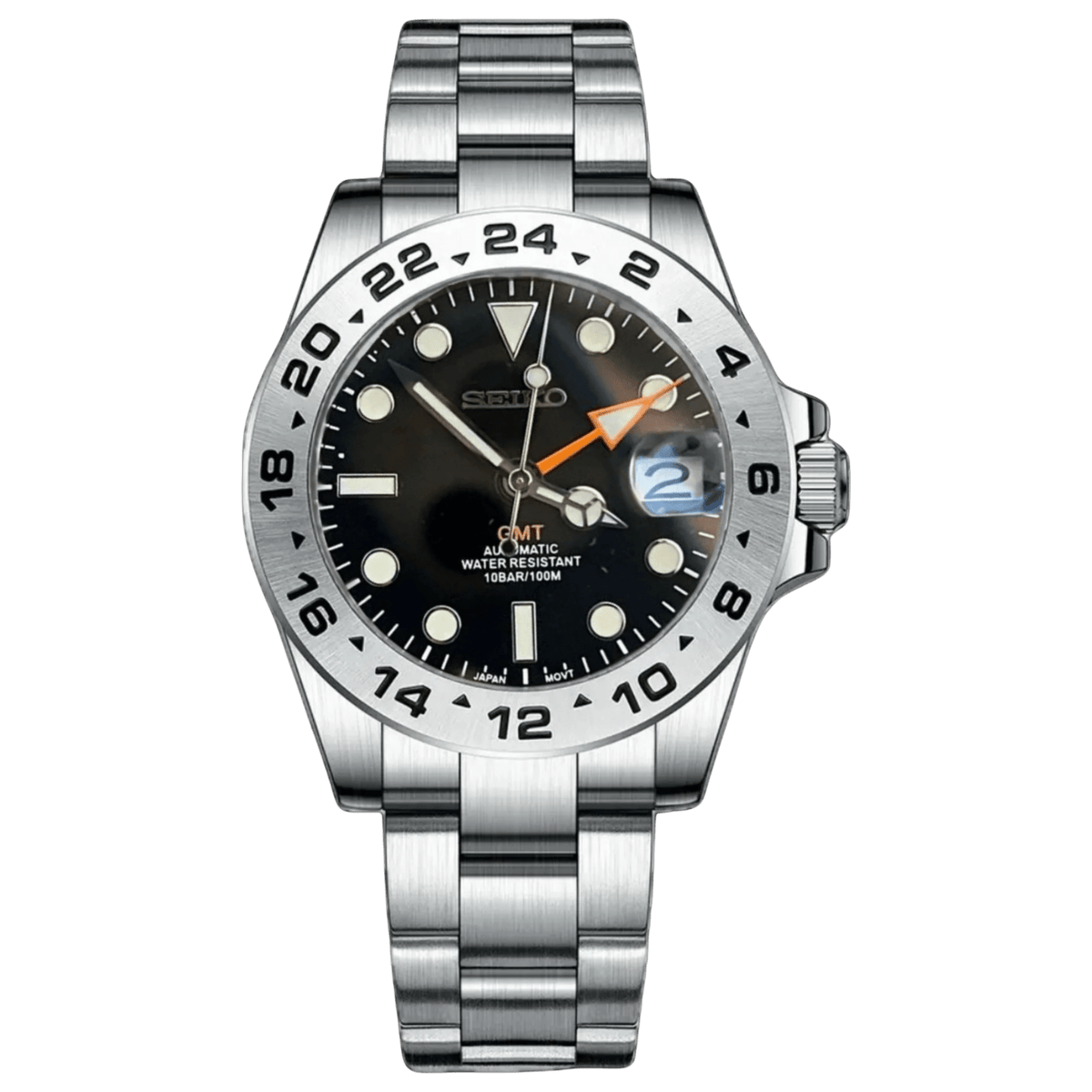 Montre automatique ModTime de style Explorer — configuration GMT, cadran noir (NH34), aiguille GMT orange, lunette 24 heures aux tons argentés, vue de face