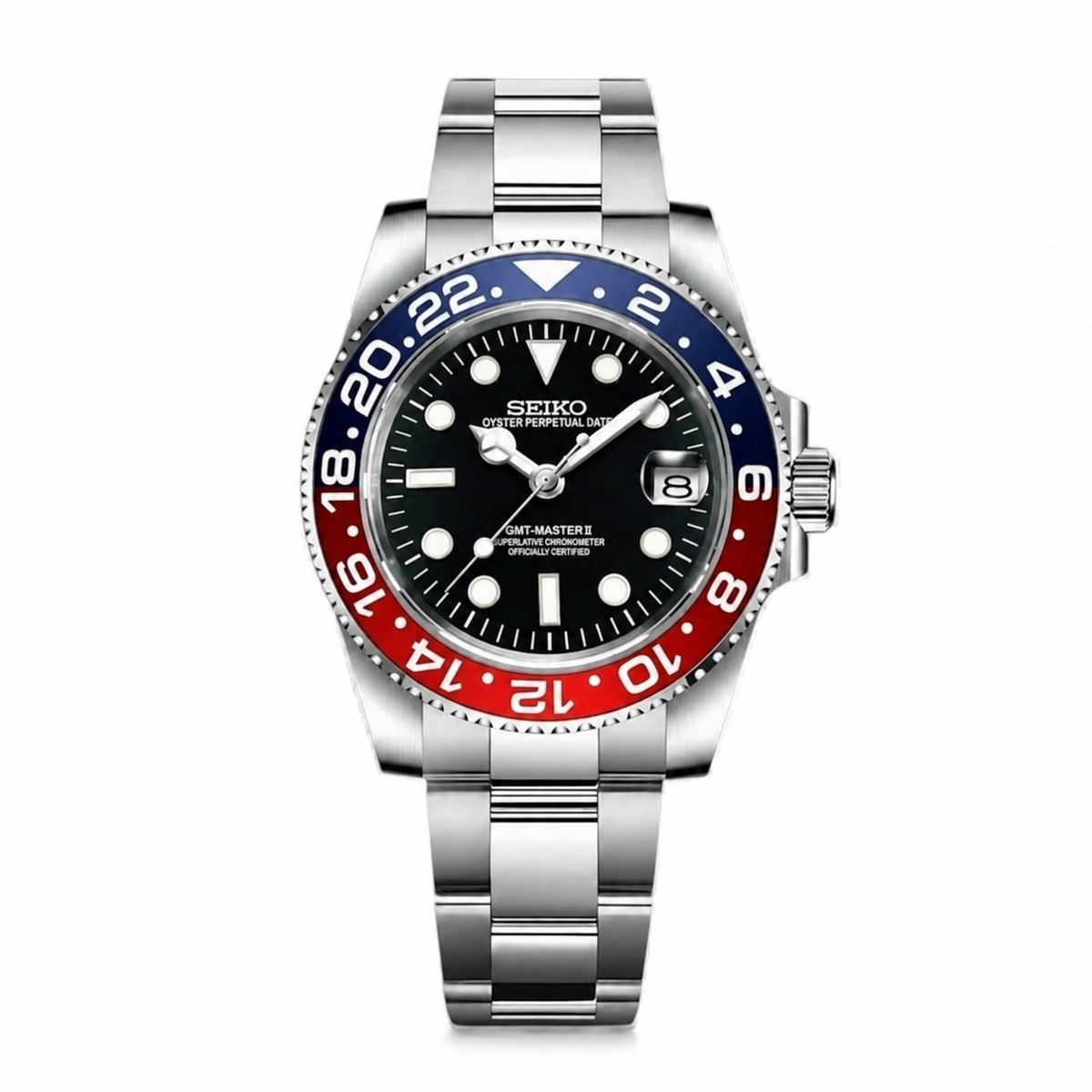 GMT WATCH MOD PEPSI DIAL — NH35 configuration illustration; three hands and date, no additional GMT hand