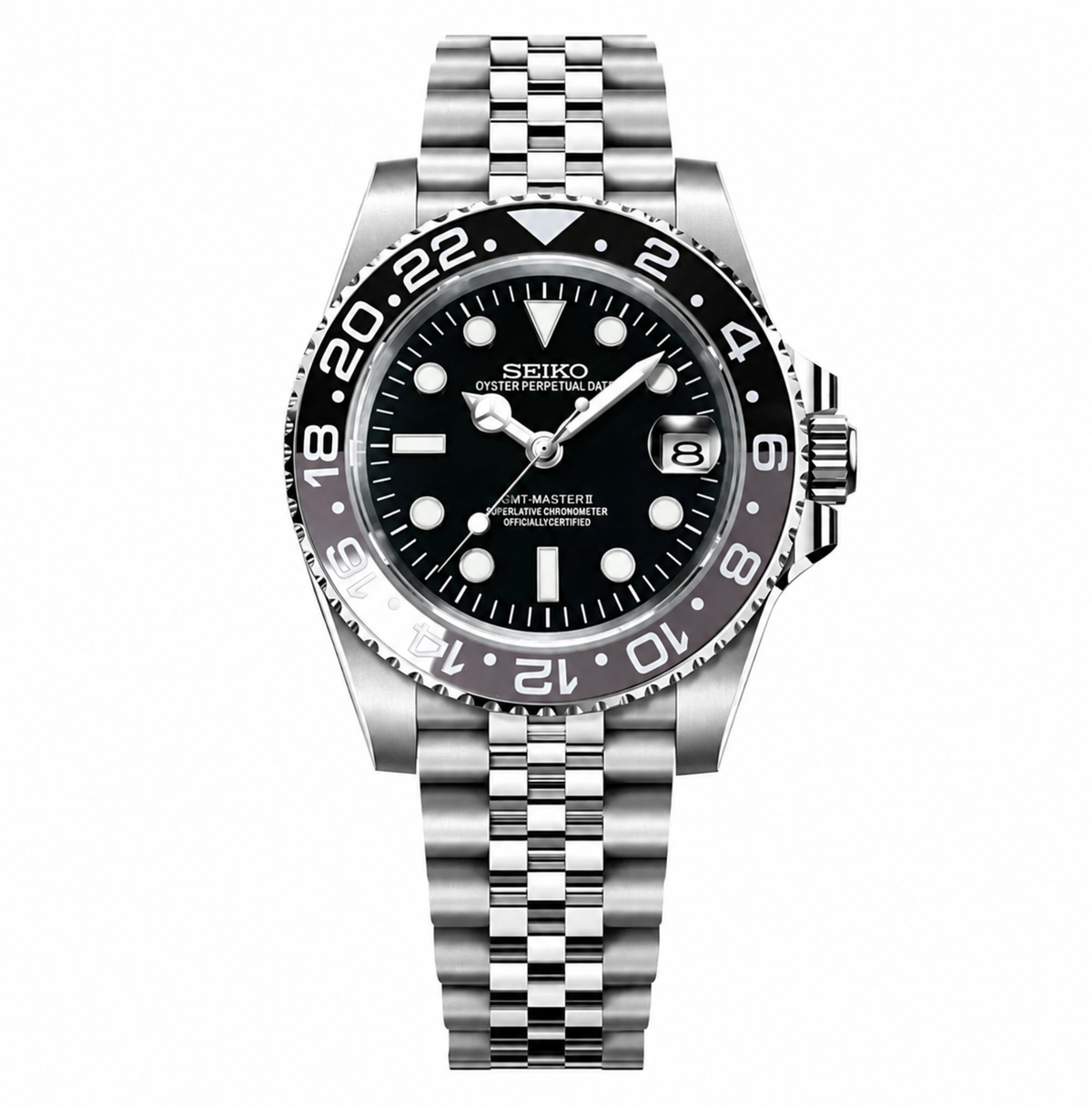 GMT WATCH MOD BRUCE WAYNE DIAL — NH35 configuration illustration; three hands and date, no additional GMT hand