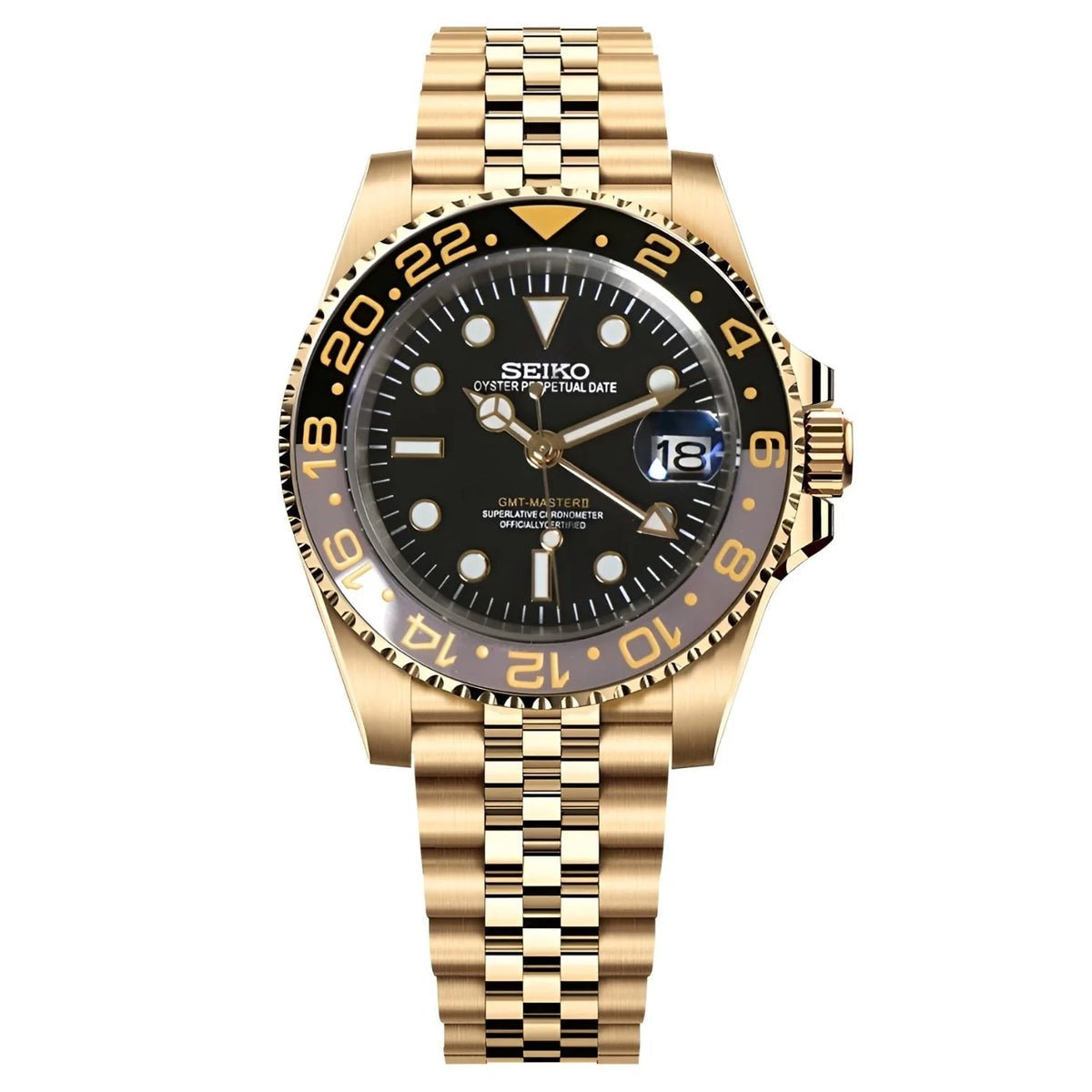 Montre automatique GMT — configuration aux tons dorés et noirs (NH34) avec cadran noir et bracelet de style Jubilee aux tons dorés, vue de face sur fond blanc