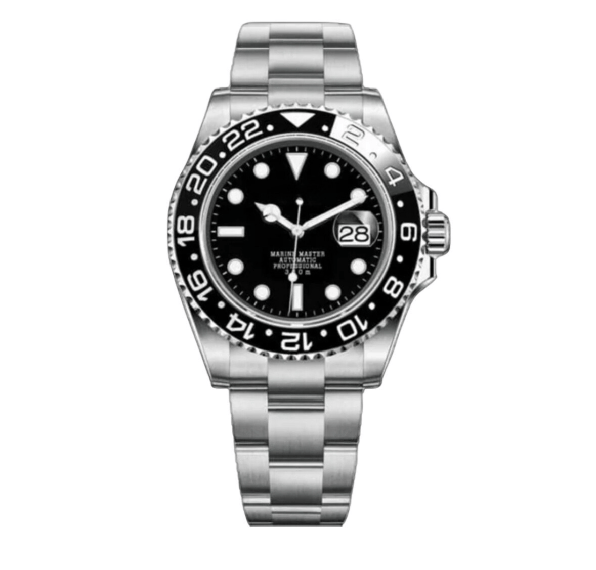 Montre automatique GMT — configuration noire (NH34) avec cadran noir et loupe de date, vue de face sans logo