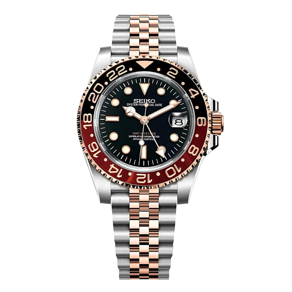 Montre automatique GMT — configuration «Root Beer», bicolore (NH34) avec lunette marron et noire et bracelet de style Jubilee, vue de face