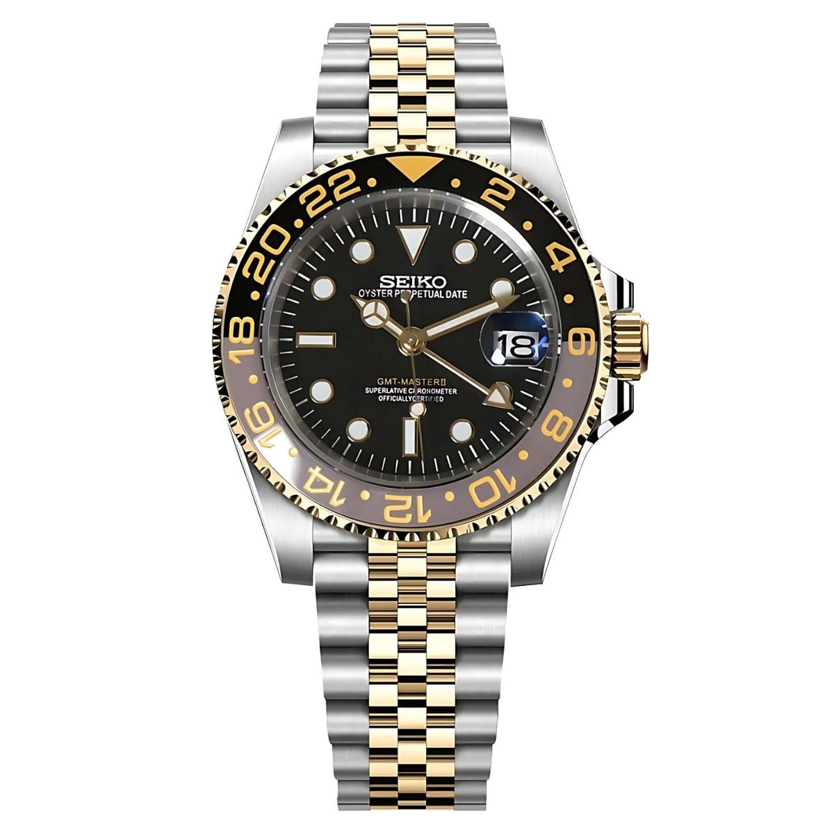 Montre automatique GMT — configuration bicolore et noire (NH34) avec cadran noir et bracelet de style Jubilee, vue de face sur fond blanc