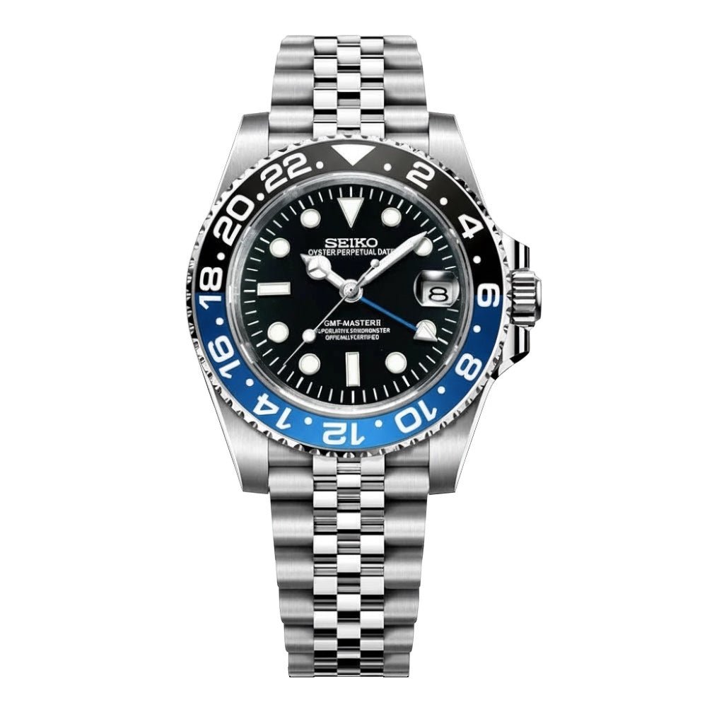 Montre automatique GMT — configuration «Batgirl» (NH34) avec lunette bleue et noire et bracelet de style Jubilee, vue de face