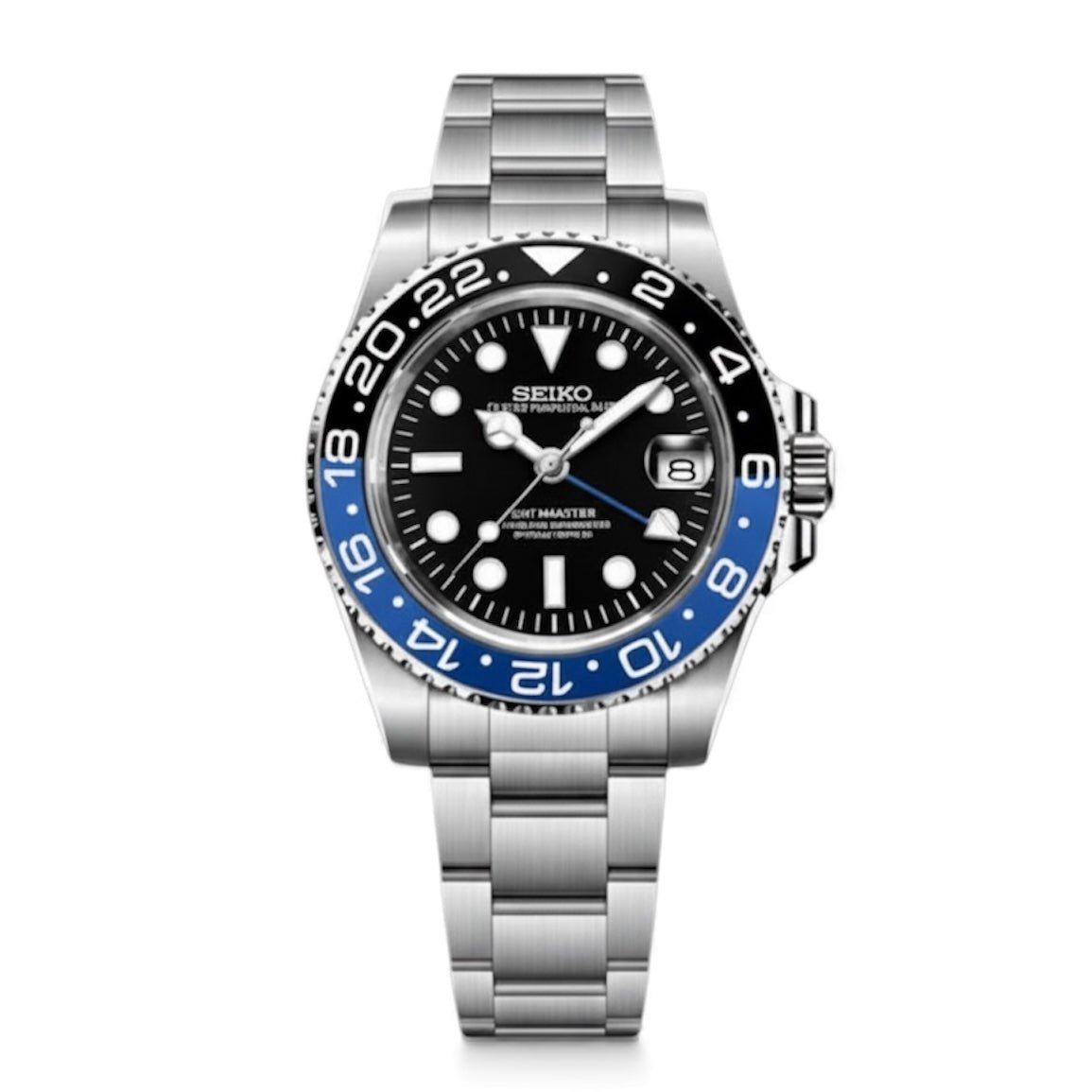 Montre automatique GMT — configuration «Batman» (NH34) avec lunette bleue et noire et bracelet à trois maillons, vue de face