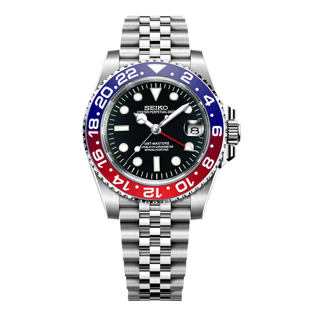 Montre automatique GMT — configuration «Pepsi» (NH34) avec lunette rouge et bleue et bracelet de style Jubilee, vue de face