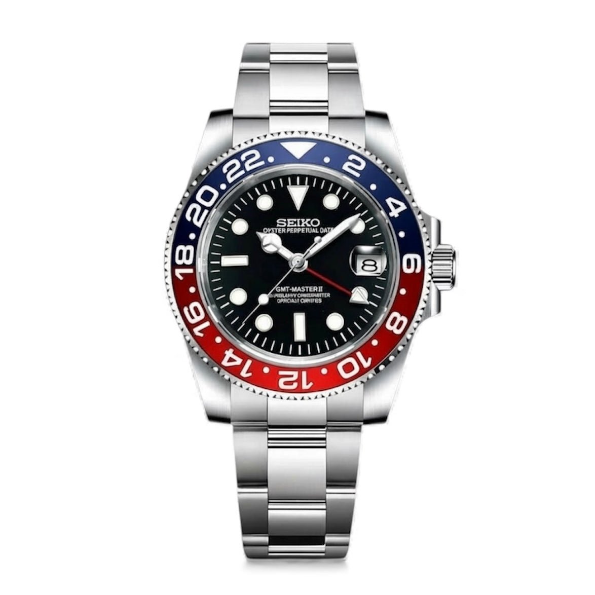 Montre automatique GMT — configuration «Pepsi» (NH34) avec lunette bleue et rouge et bracelet à trois maillons, vue de face sur fond blanc