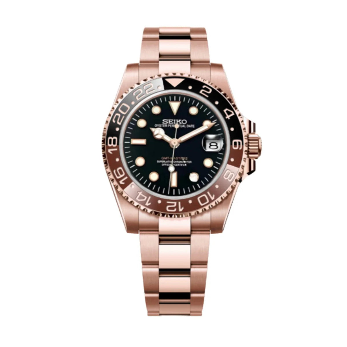 Montre automatique ModTime GMT — configuration aux tons or rose, «Root Beer» (NH34), lunette marron et noire et loupe de date, vue de face