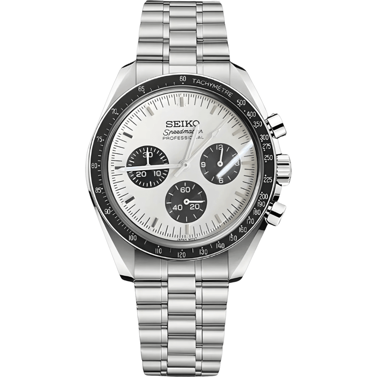Collection ModTime Speedmaster, Chronographe méca-quartz Moonwatch — configuration cadran blanc (VK63), cadran blanc, sous-cadrans sombres, vue de face