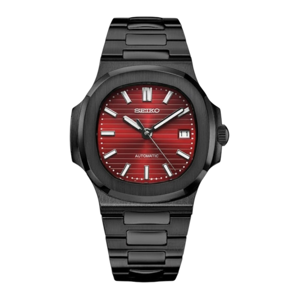 Montre automatique ModTime de style Nautilus — configuration «Black Cherry» (NH35), cadran rouge, rainures horizontales, vue de face