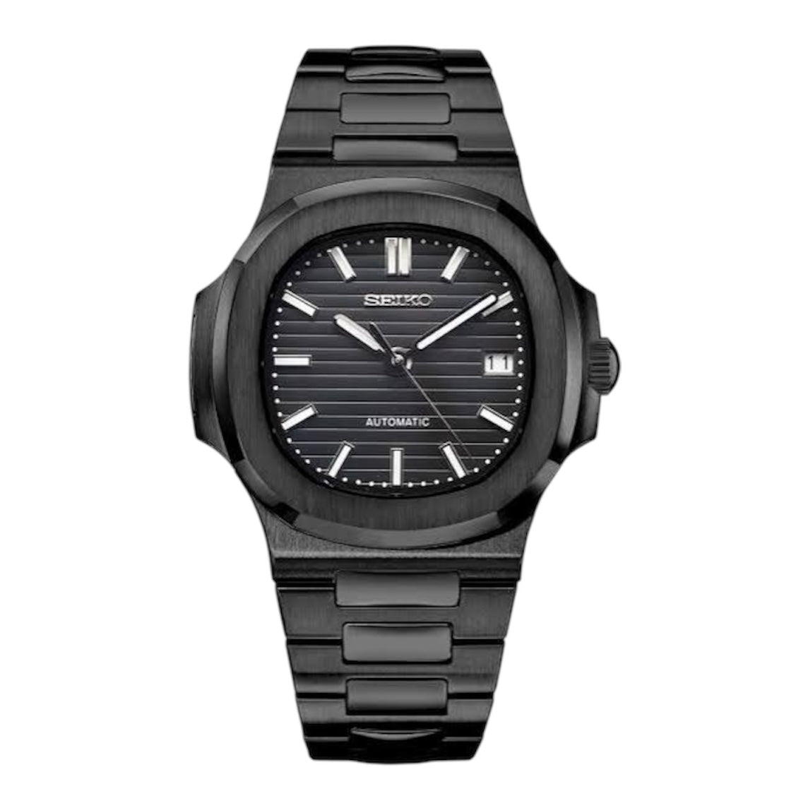 Montre automatique ModTime de style Nautilus — configuration entièrement noire (NH35), cadran noir, rainures horizontales, vue de face
