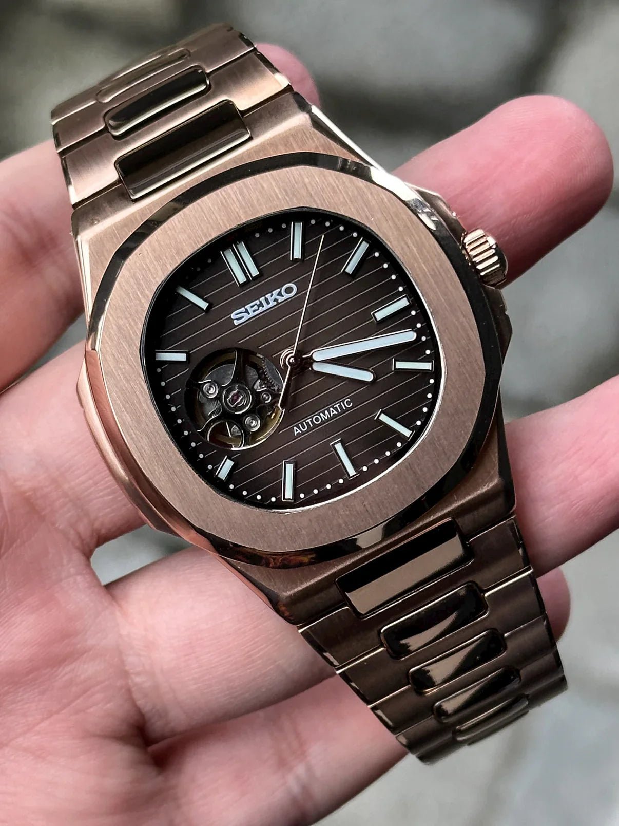 NAUTILUS MOD ROSE GOLD ( BLACK DIAL OPEN HEART ) by Mein Shop – ModTime