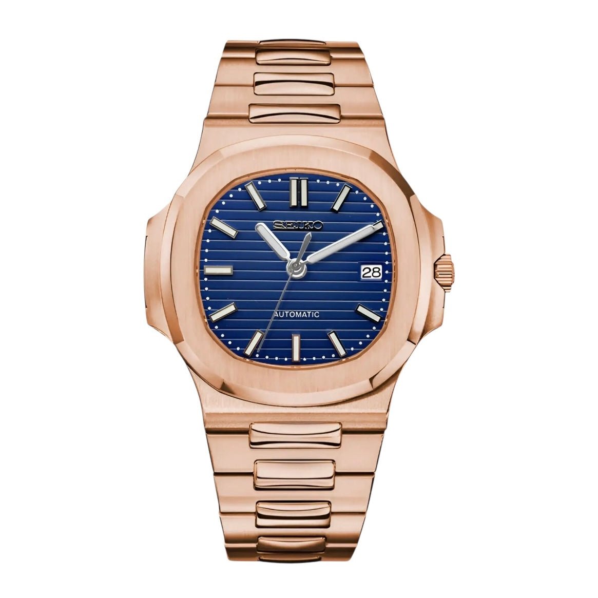 Montre automatique de style Nautilus — configuration cadran bleu (NH35) avec boîtier aux tons or rose, cadran rayé, vue de face