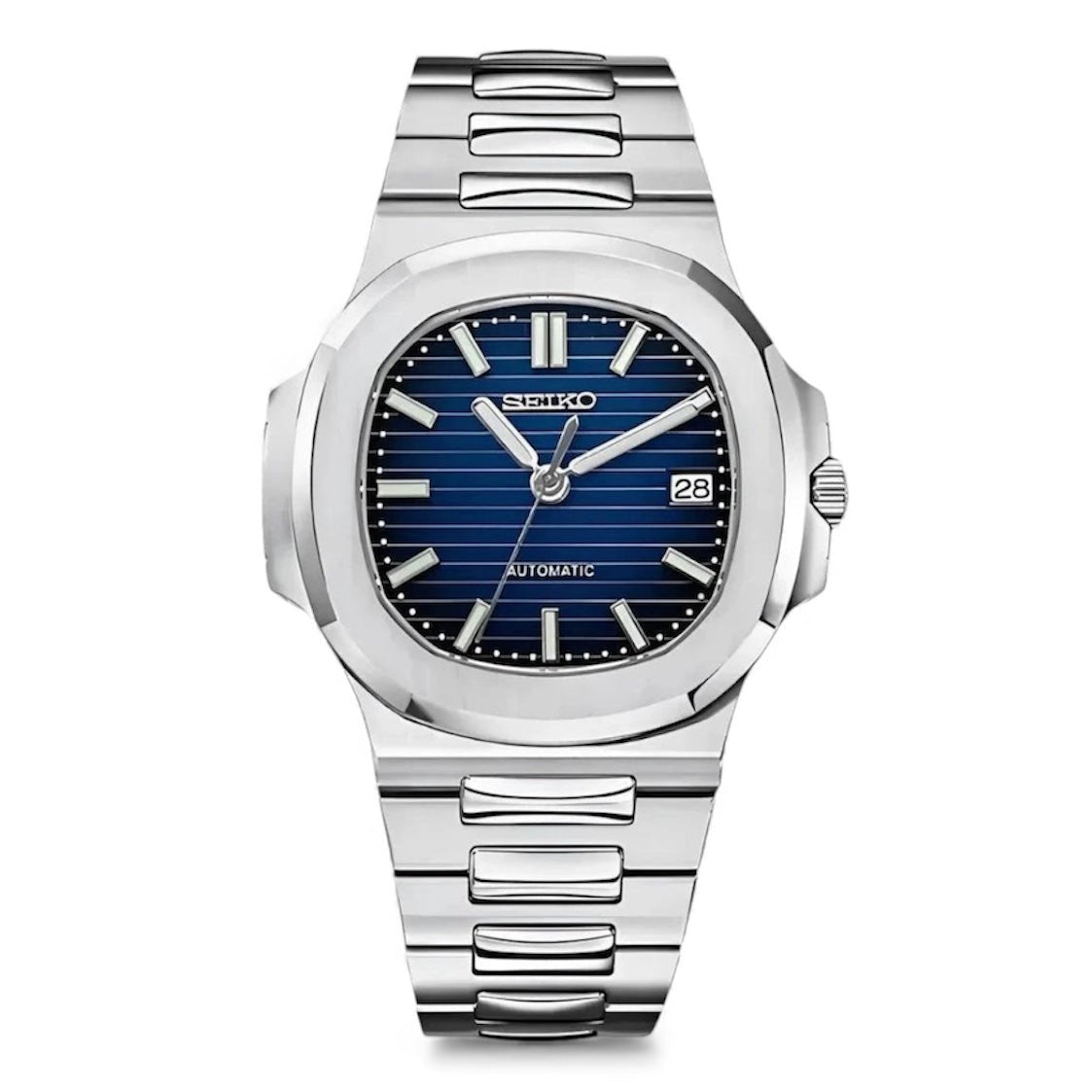 Montre automatique de style Nautilus — configuration argentée, cadran bleu (NH35) avec cadran bleu, rainures horizontales, vue de face