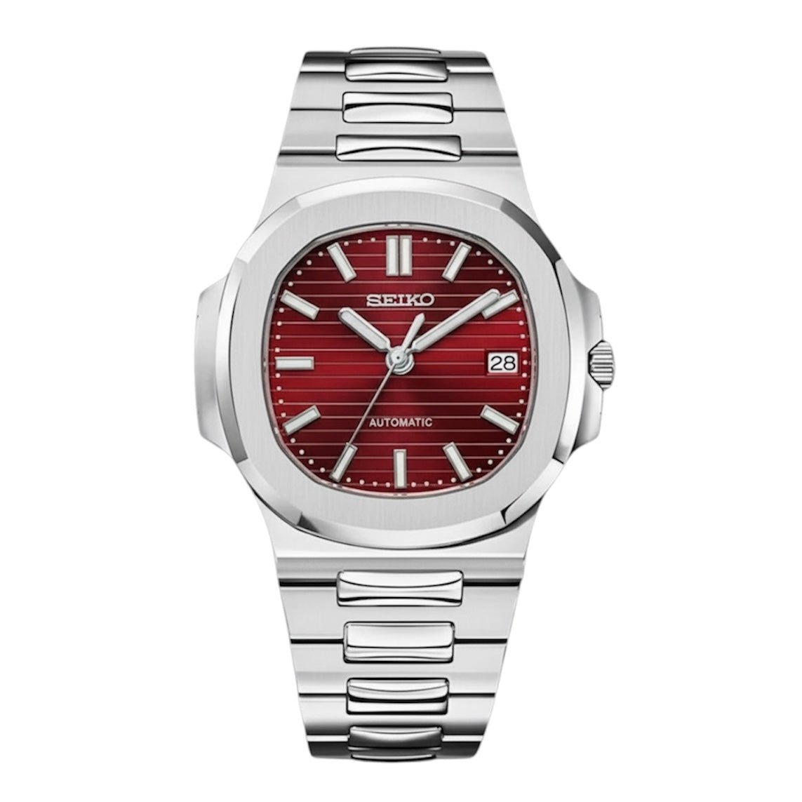 Montre automatique de style Nautilus — configuration argentée, cadran rouge cerise (NH35) avec cadran rouge, rainures horizontales, vue de face