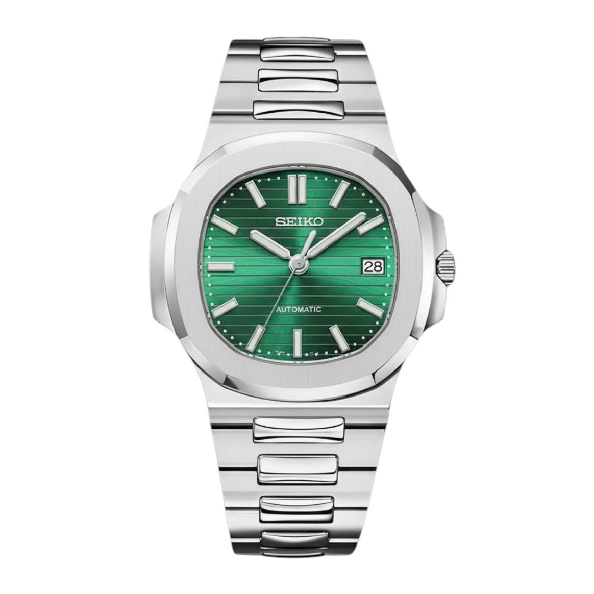 Montre automatique ModTime de style Nautilus — configuration vert émeraude (NH35), cadran vert, rainures horizontales, vue de face