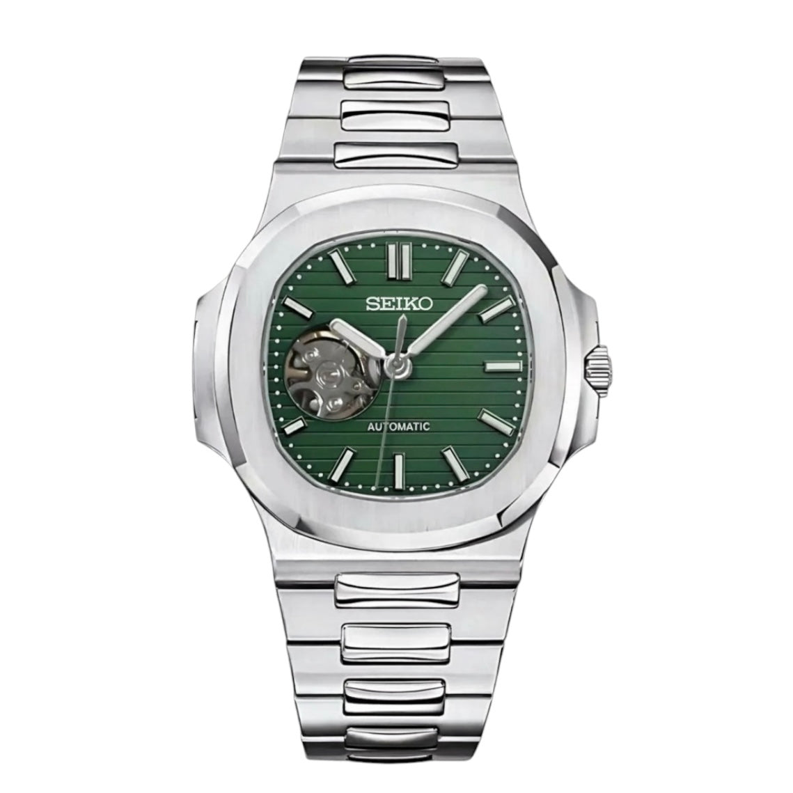 Montre automatique de style Nautilus — configuration vert olive, cœur ouvert (NH38) avec cadran vert, ouverture ronde, vue de face sur fond blanc