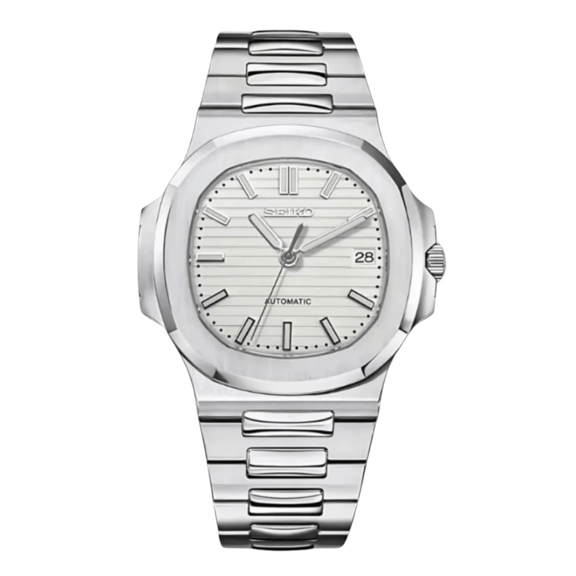 Montre automatique de style Nautilus — configuration argentée, cadran blanc neige (NH35) avec cadran blanc, lignes horizontales, vue de face