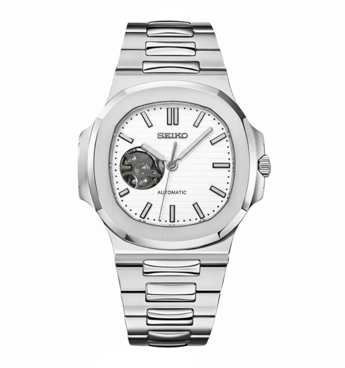 Montre automatique de style Nautilus — configuration cadran blanc à cœur ouvert (NH38) avec cadran blanc, ouverture ronde du cadran, vue de face sur fond blanc