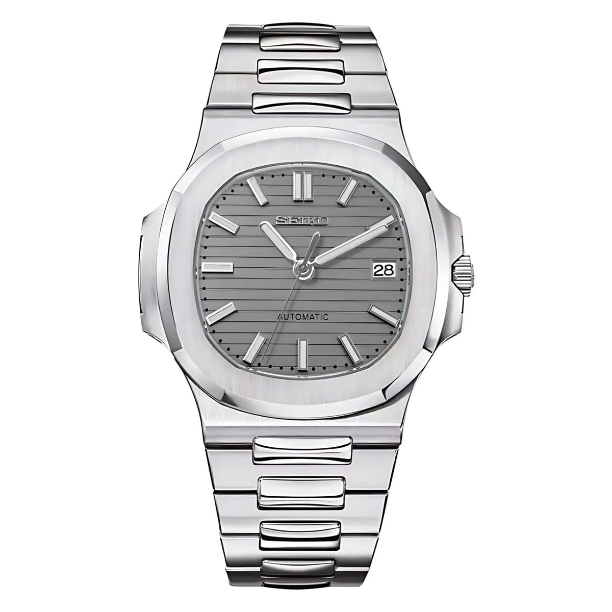 Montre automatique de style Nautilus — configuration cadran argenté (NH35) avec boîtier aux tons argentés, lignes horizontales du cadran, vue de face