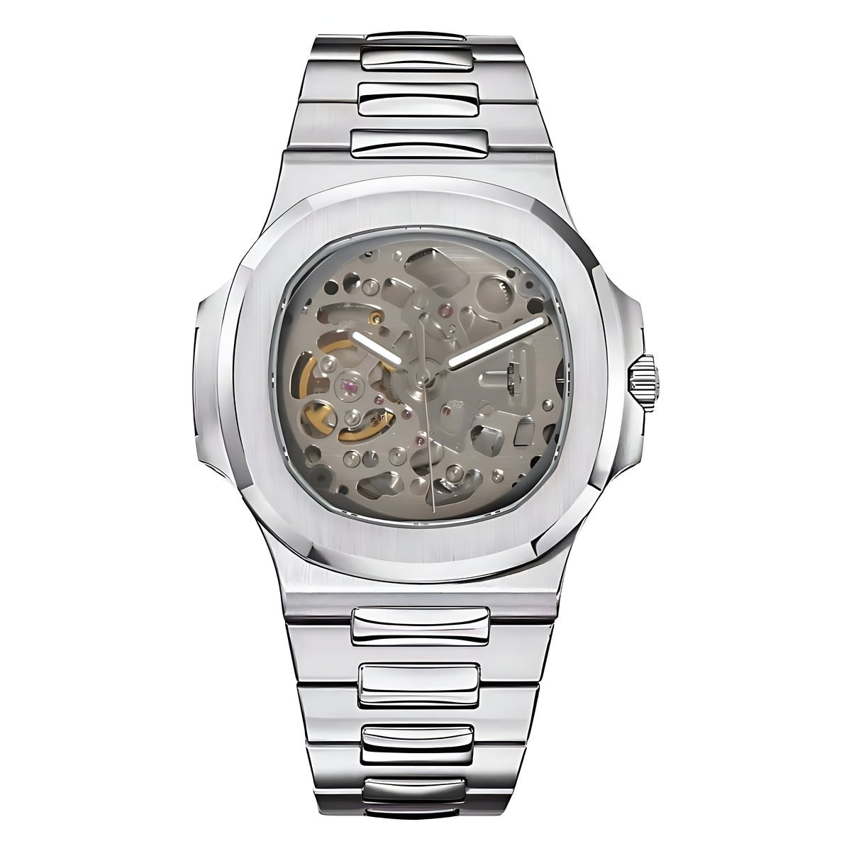 Montre automatique ModTime de style Nautilus — configuration argentée, squelette (NH38), face aux tons argentés, ponts visibles, vue de face